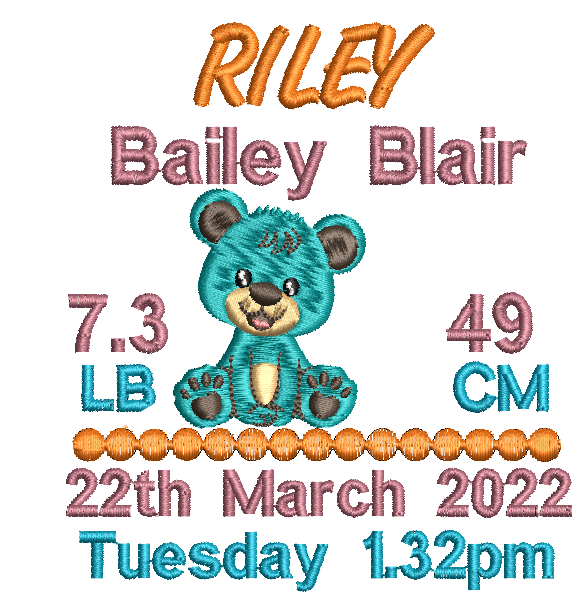 Embroidered design with a teddy bear, baby details, and name on a white background