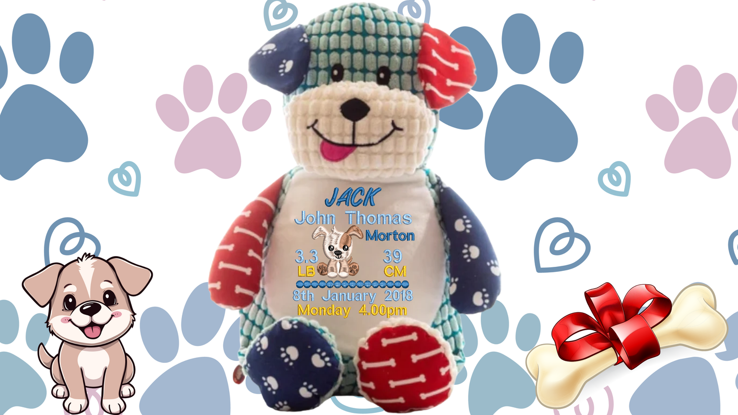 Personalized teddy bear with name and details on a background with paw prints, hearts, and a bone.