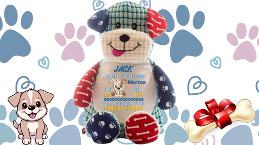 Personalized teddy bear with name and details on a background with paw prints, hearts, and a bone.
