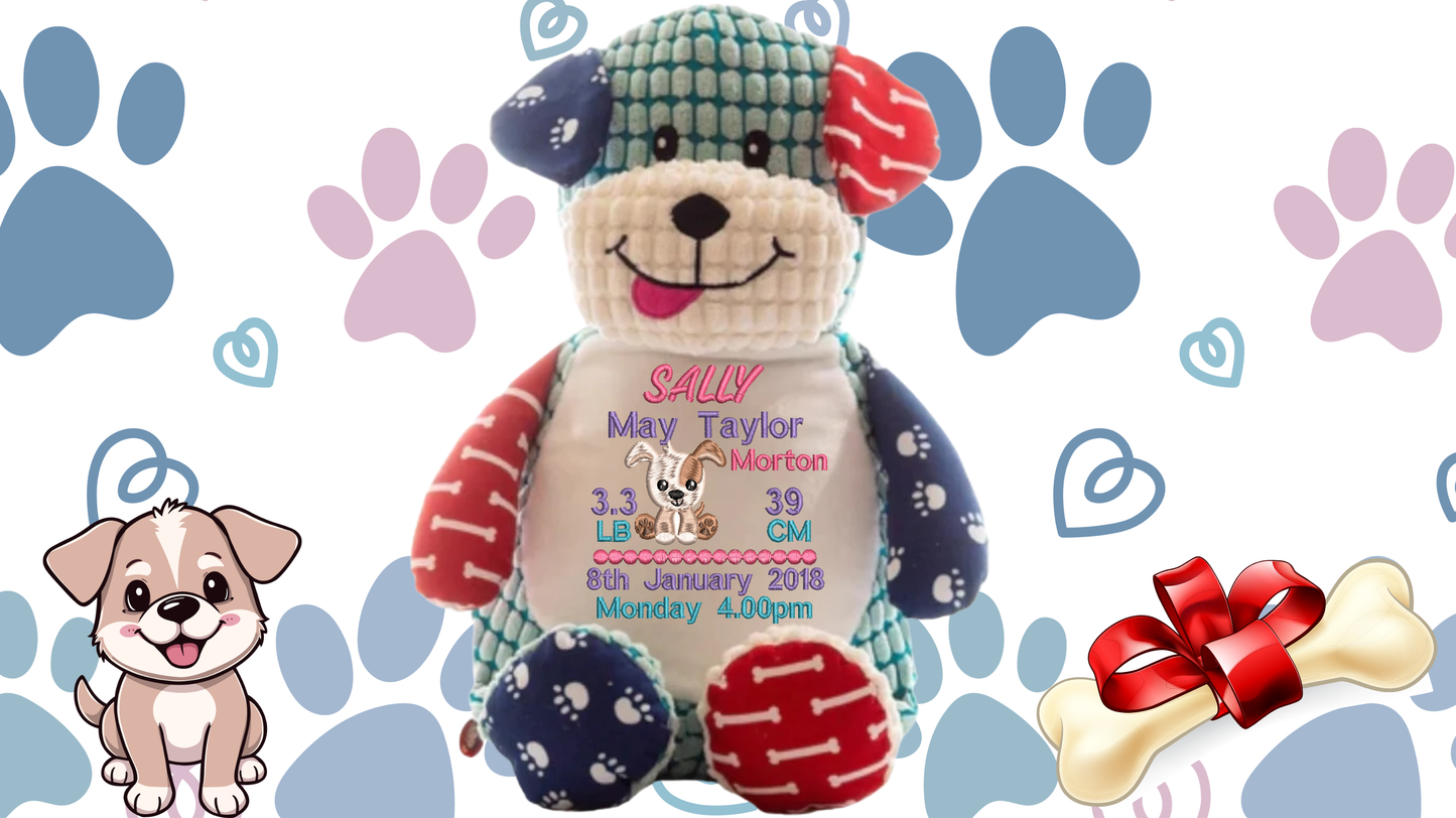 Personalized teddy bear with text on a background with paw prints, a dog illustration, and a bone with a bow.
