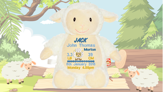 Plush lamb toy with personalized details on a cartoon background