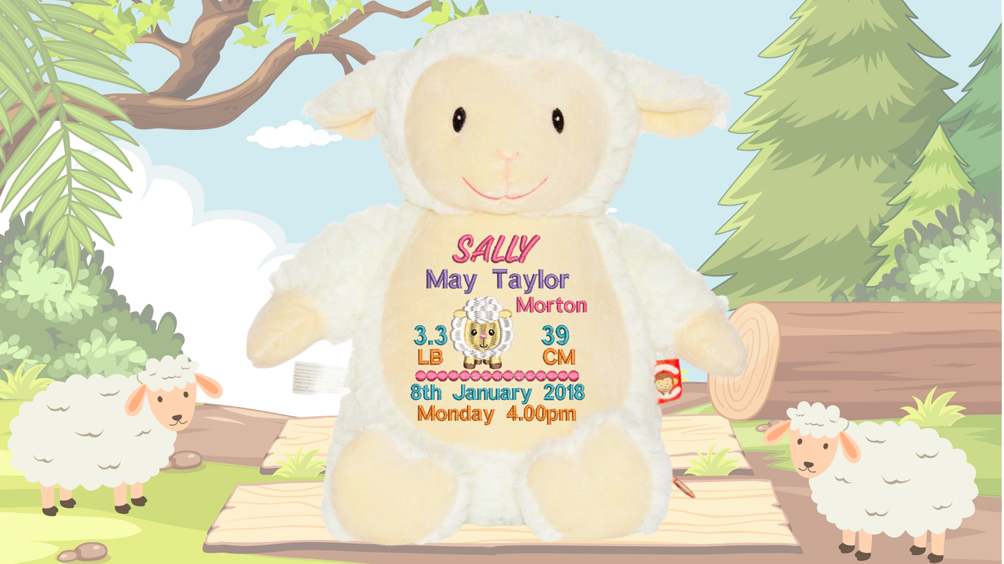 Plush lamb toy with birth information on a cartoon background