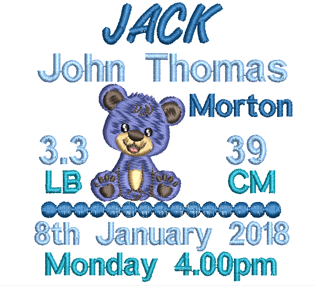 Embroidered baby blanket with teddy bear, baby details, and name 'Jack'.