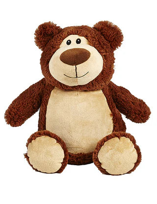 Plush teddy bear with a brown and beige color scheme on a white background