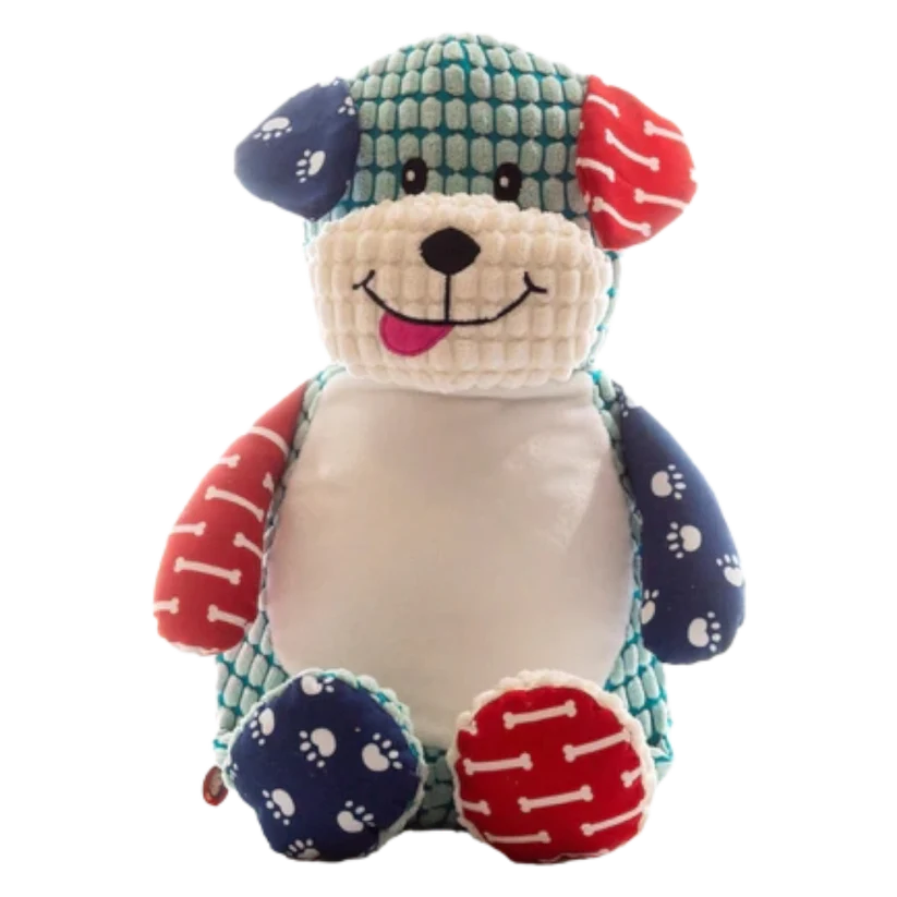 Colorful teddy bear plush toy with a white background