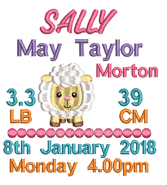 Embroidered baby blanket with lamb design, text, and birth details.