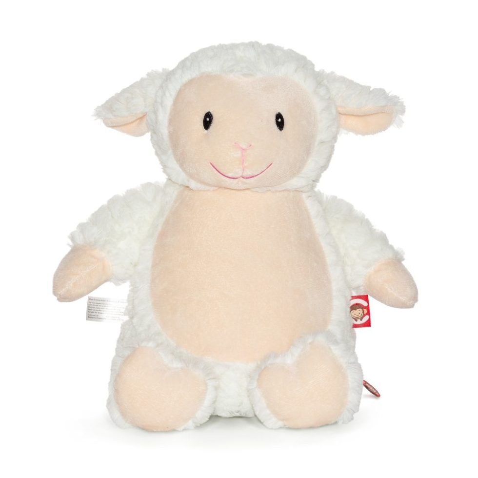 Plush toy sheep with a white fleece and pink face on a white background