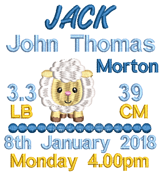 Embroidered baby blanket with lamb design, names, and birth statistics.