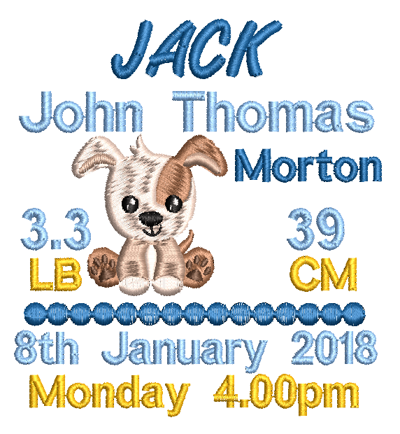 Embroidered baby blanket with a puppy design, names, and birth details.