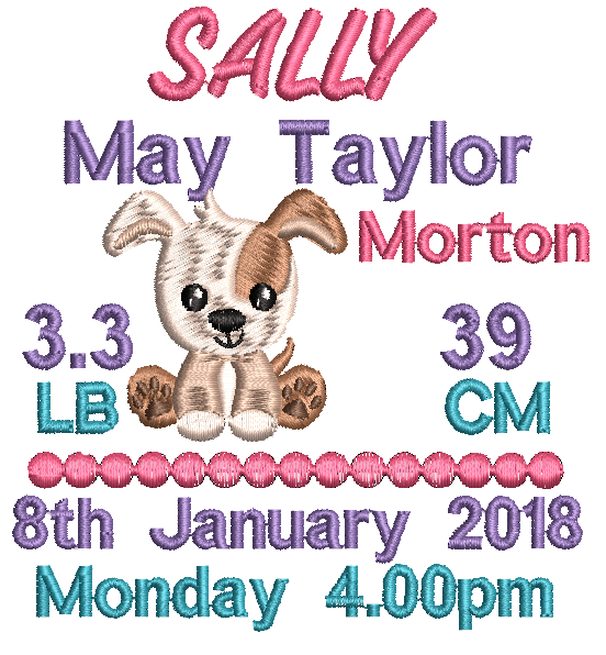 Embroidered design with a puppy, baby statistics, and personalized text on a white background